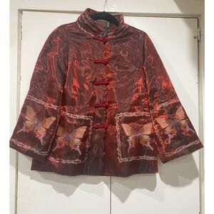 Vintage Kenki Jacket Asian Inspired Large Butterfly Burgundy Red Brocade Sheen